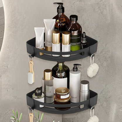 NearMoon Bathroom Shower Caddy 2 Pack, No Drill 304 Stainless Steel Shower Organizer with 2 Hooks (Corner Shelf, Matte Black)