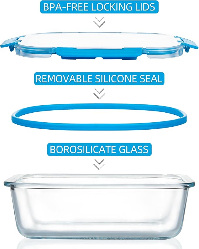 FAWLES 12 Pack Glass Meal Prep Containers with Airtight Lids, Leak-Proof Food Storage Containers, Dishwasher/Microwave/Oven/Freezer Safe Glass Containers for Lunch, Leftovers, to Go (Blue)