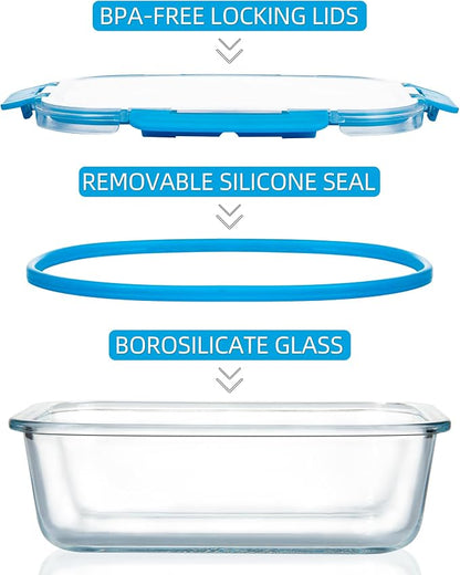 FAWLES 12 Pack Glass Meal Prep Containers with Airtight Lids, Leak-Proof Food Storage Containers, Dishwasher/Microwave/Oven/Freezer Safe Glass Containers for Lunch, Leftovers, to Go (Blue)