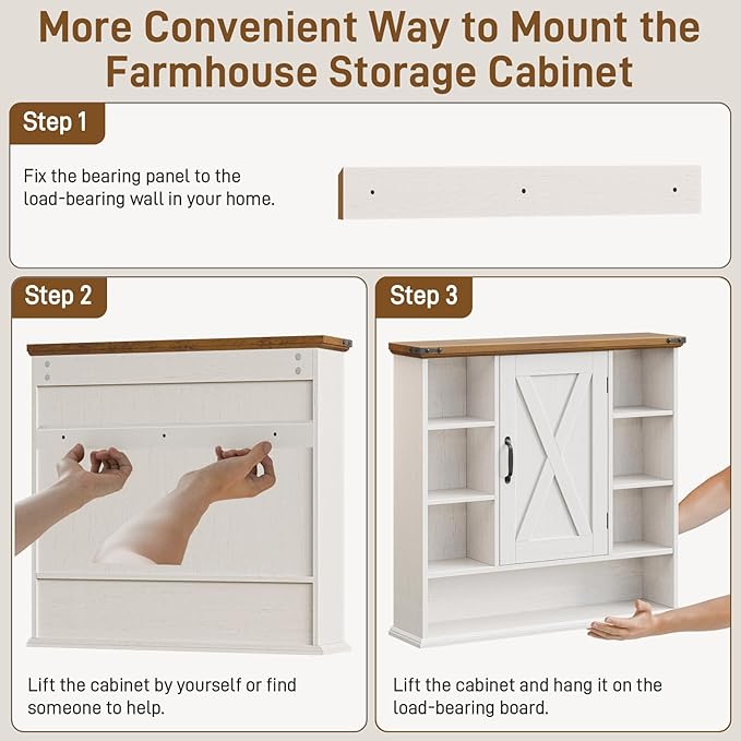 Bathroom Wall Cabinet, Farmhouse Medicine Cabinet with Adjustable Shelves and Barn Doors, Large Wall Mounted Over the Toilet Storage Cabinet for Bathroom, Laundry Room, Kitchen, Rustic White and Brown
