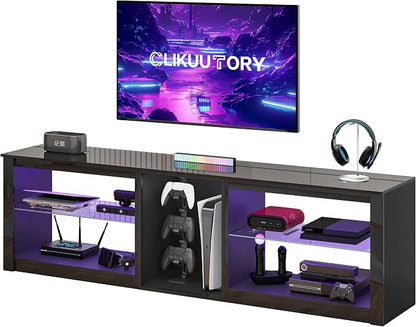 Clikuutory Modern 63 inch TV Stand with LED Lights for 50 55 60 65 70 75 inch TVs, High Gloss Entertainment Center for PS5, TV Cabinet with Glass Shelves for Living Room, Bedroom, Bright Black