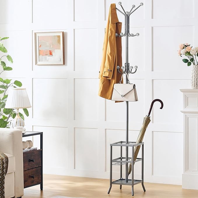 FAVOOSTY Coat Rack Freestanding,Coat Rack Stand with Umbrella Holder,Metal Coat Tree with 12 Hooks,Tree Clothes Hat for Entryway, Hallway, Bedroom, Living Room & Office - Silver Grey