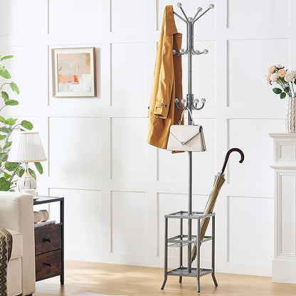FAVOOSTY Coat Rack Freestanding,Coat Rack Stand with Umbrella Holder,Metal Coat Tree with 12 Hooks,Tree Clothes Hat for Entryway, Hallway, Bedroom, Living Room & Office - Silver Grey