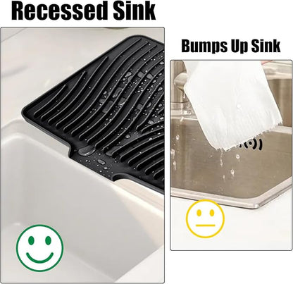 TIKNIK Silicone Dish Drying Mat for Kitchen Counter - Heat Resistant & Non-Slip Dish Drain Pad with Built-In Drain, Dishwasher Safe, Quick-Dry, Hangable & Roll-Up for Storage, Black-1pc, 16" x 12"