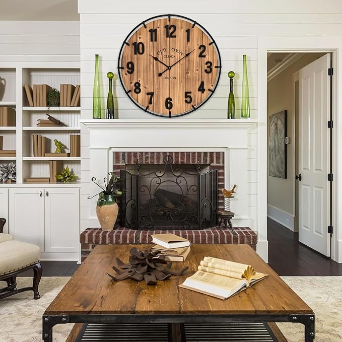 MICWIC 30 Inch Farmhouse Wall Clock Large Old Town Vintage Rustic Wooden Clock with Metal Rim and Large Numerals, Silent Battery-Operated for Office, Kitchen, Bedroom, and Living Room