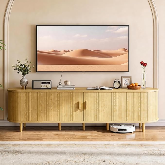 80" Mid Century Modern TV Stand with Power Outlet, Fluted Entertainment Center with Storage and Adjustable Shelves, Wood TV Console with Sliding Doors for Living Room, Oak