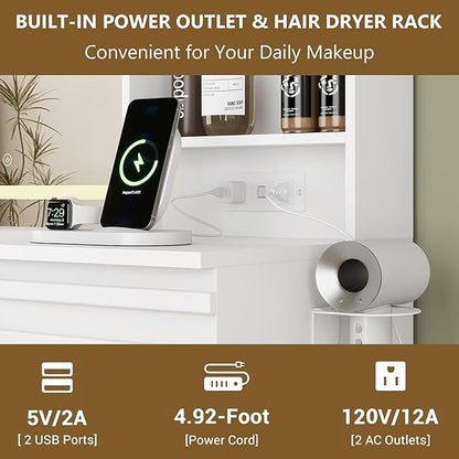 Makeup Vanity Desk with Lights, Fluted Vanity with 4 Drawers, Open Shelves, Power Outlet, LED Lighted Mirror, 3 Lighting Modes & Brightness Adjustable, Wood Dressing Table for Bedroom, White