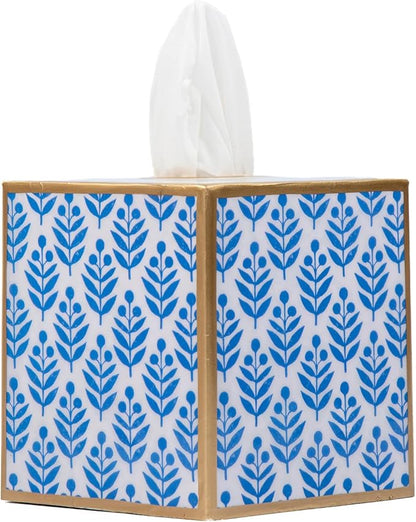 Jaye’s Studio Lottie Decorative Blue Tissue Box Cover Square, Bottomless Enameled Metal Decorative Tissue Holder for Bathroom, Bedroom Vanity, Office, Handpainted Blue and White Floral Bathroom Decor