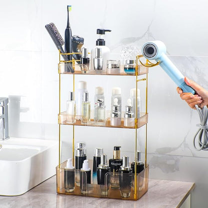 Akinbas 3 Tier Bathroom Organizer Countertop Makeup Perfume Tray Skincare Organizer Comes with Hair Dryer Rack and Toothbrush Holder for Bathroom Dresser Vanity (Gold)