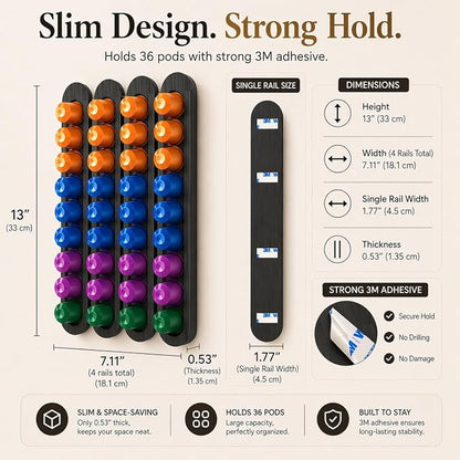 Bamboo Coffee Pod Holder, Adhesive Wall Mount (No Drilling) for Cabinet Door, 36-Capsule Storage (Set of 4) — Vertical/Horizontal — Compatible with Nespresso Original Line-Black