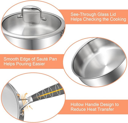 EWFEN 12 Inch Tri-Ply Stainless Steel Frying Pan, Compatible with All Cooktops Up to 600℉, Large Frying Pan with lids, Induction-Ready Skillet, Dishwasher and Oven Safe, Even Heat, 12" Saute Pan+Lid