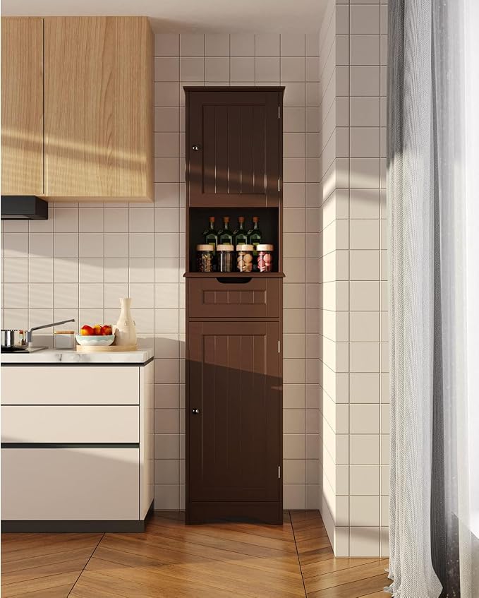 Gizoon 67" H Tall Bathroom Cabinet, Storage Cabinet with 2 Doors & Drawer, Narrow Linen Tower Freestanding Adjustable Shelves for Home, Kitchen, Versatile, Anti-Tipping, Dark Brown | Tall