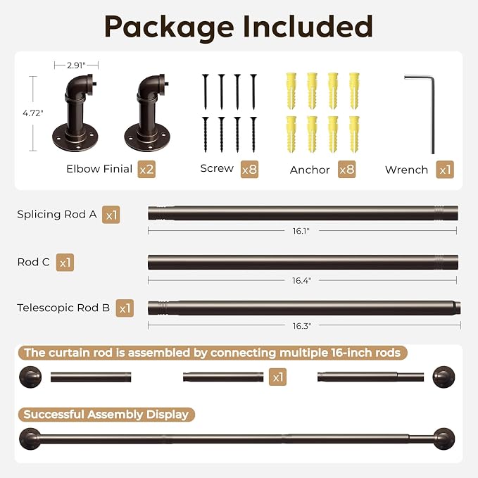 Zeerobee Curtain Rods for Windows 32 to 48, 1 Inch Industrial Wrap Around Antique Bronze Curtain Rod, Indoor/Outdoor Room Divider Adjustable Drapery Pole, 32"-48"