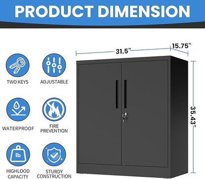 Garage Metal Storage Cabinet with Lock, H35.5 Short Storage Cabinet with Adjustable Shelves and Doors, Metal Tool Cabinet Lockable for Garage, Utility Room