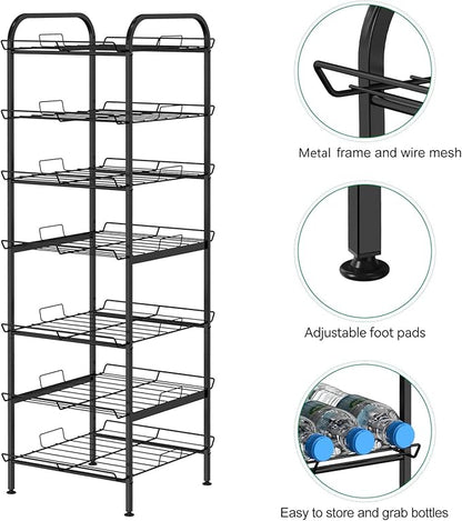 BTY Water Bottle Organizer 7 Tier Freestanding Water Bottle Storage Organizer Metal Bottle Rack Holder Stand Shelf for Kitchen Pantry Food Storage (Black)