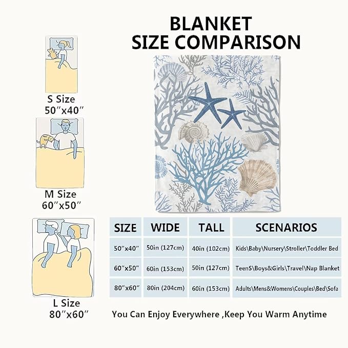 Nautical Coastal Blanket,Ocean Beach Seashell Starfish Throw Blankets,Gifts for Kids & Marine Life Lovers,Lightweight Soft Fleece,for Picnic Sofa Couch Bed Room Travel,Birthday Decor,40x50in