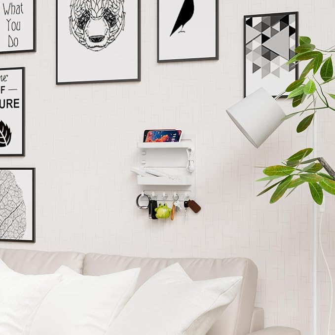 Yieach Bedside Wall Organizer for Dorm Bed,Rv,Small Room and Nightstand,Wall Mounted Floating Shelves and Bedside Shelf for Remote,Phone Holder,Charging Shelf,Cute Bedroom Decor for College Girl,White