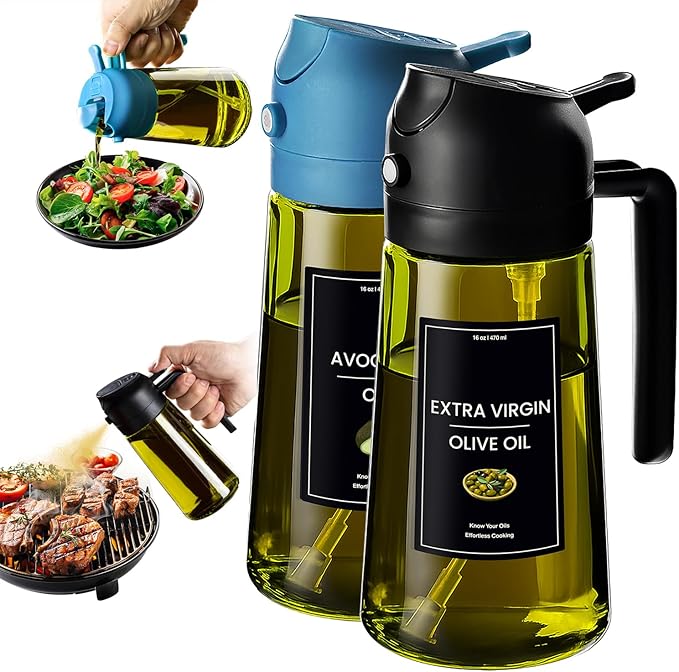 CXINYI - 16oz/470ml Olive Oil Dispenser for Kitchen with Stickers - 2 in 1 Olive Oil Sprayer for Cooking, Air Fryer, and Salad, Black&Blue (Light-Proof Kitchen Gadget)