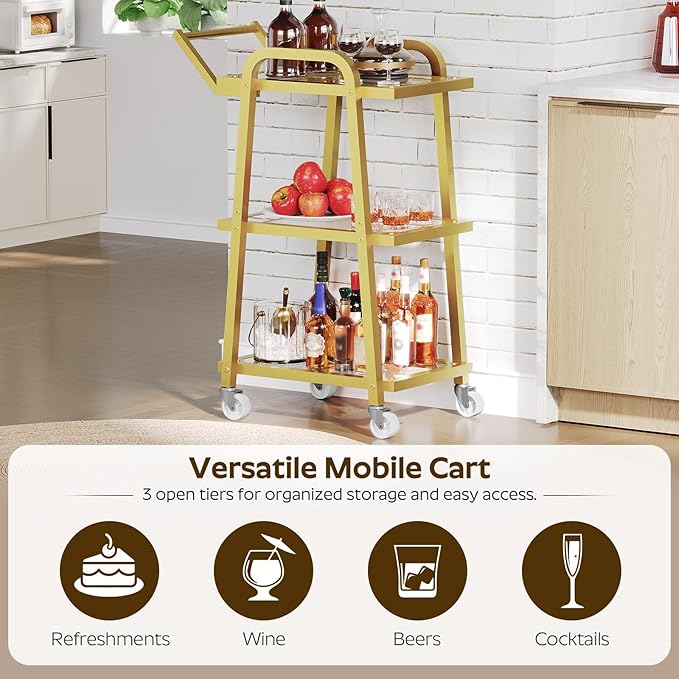3 Tier Bar Cart, Home Bar Serving Cart, Rolling Bar Cart with Wheels, Mobile Drink Cart, for Kitchen, Garden, Party, Gold BC07GD