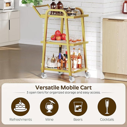 3 Tier Bar Cart, Home Bar Serving Cart, Rolling Bar Cart with Wheels, Mobile Drink Cart, for Kitchen, Garden, Party, Gold BC07GD