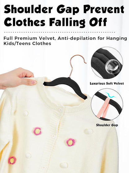 Smartor Kids Velvet Hangers 50 Pack, 14 Inch Premium Non Slip Kids Felt Hangers for Closet, Space Saving Toddler Clothes Hanger for Youth's Childrens' Clothes (Rose Gold Hook)- Black