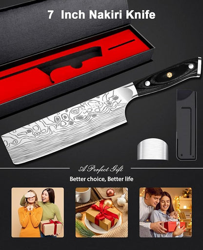 MOSFiATA 7” Nakiri Chef's Knife with Finger Guard, German High Carbon Stainless Steel EN1.4116 Vegetable Knife, Multipurpose Kitchen Knife with Micarta Handle in Gift Box