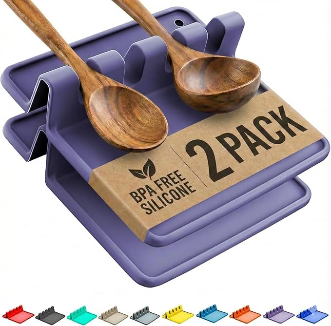 Cooler Kitchen Silicone Spoon Rest for Stove Top with Drip Pad (Two Pack) - Heat Resistant BPA Free Utensil Rest & Spoon Holder for Kitchen Counter - Grill Utensil Holder - Spatula Holder, Purple