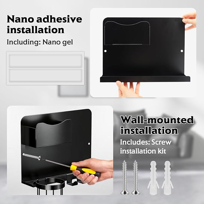 Floating Bedside Wall Shelf Organizer with Remote Control Holder;Metal Adhesive Wall Mount Nightstand Shelf for Bedroom;Dorm Room Essentials;Bed Shelf for Phone,Earphone,Kindle (Black)