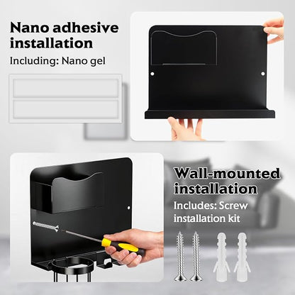 Floating Bedside Wall Shelf Organizer with Remote Control Holder;Metal Adhesive Wall Mount Nightstand Shelf for Bedroom;Dorm Room Essentials;Bed Shelf for Phone,Earphone,Kindle (Black)