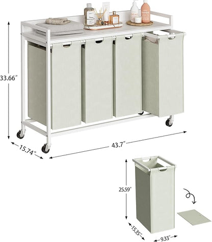 Herture Laundry Hamper with Shelf, Laundry Basket 4 Section, Laundry Sorter with Pull-Out Removable Large Bags and Movable Wheels, Metal Frame, 4 x 15.87 Gallons (60L), White PF07XLW