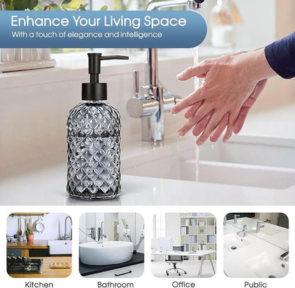 Topsky Gem Glass Soap Dispenser with Black Plastic Pump, 13oz Liquid Hand Soap Dispenser, Rustproof Pump for Kitchen & Bathroom, Great for Lotions, Essential Oil, Liquid Soaps-Gray