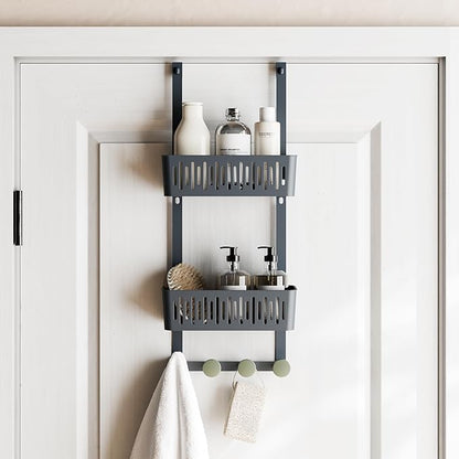 Zenna Home SnugFit Over the Door Caddy Organizer with 2 Storage Baskets and 4 Hooks, Over Door Hanging Organizer for Bathroom, Kitchen, Bedroom, Closet, Easy to Install, No Drilling, Blue