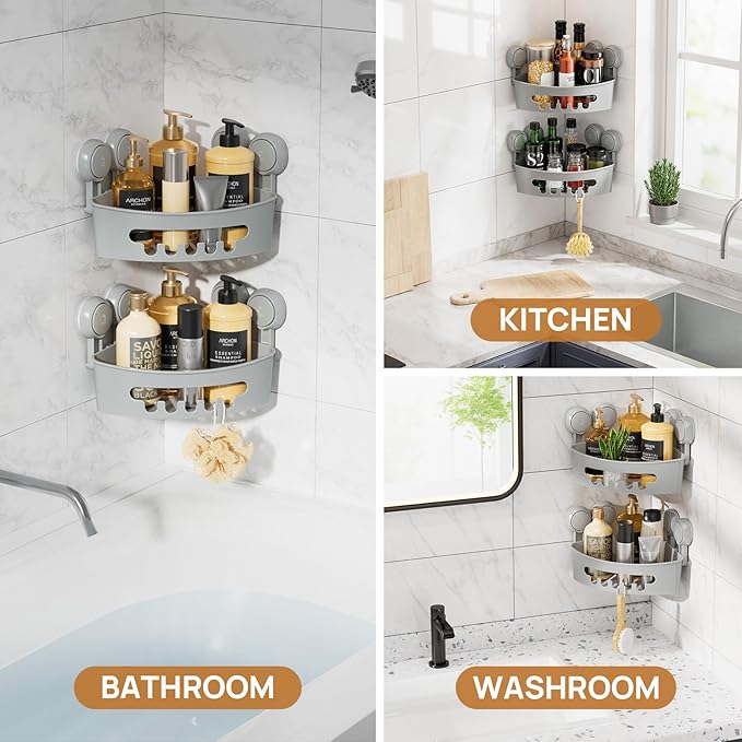 LEVERLOC Corner Shower Caddy Suction Cup, shower shelves suction cup, 2 Pack Basket Powerful Bathroom, Waterproof & Oil-proof Organizer for Kitchen, No-Drilling Removable