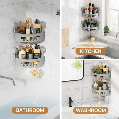 LEVERLOC Corner Shower Caddy Suction Cup, shower shelves suction cup, 2 Pack Basket Powerful Bathroom, Waterproof & Oil-proof Organizer for Kitchen, No-Drilling Removable