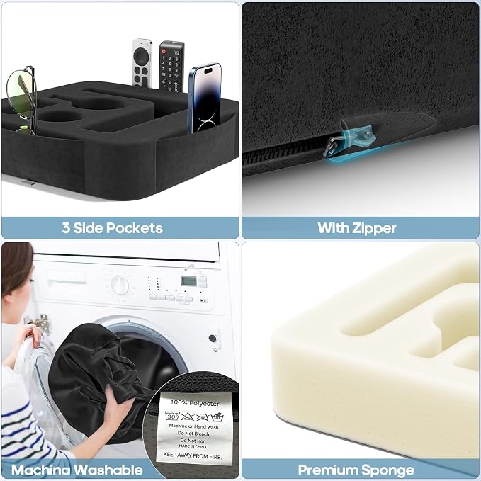 Couch Cup Holder Pillow, Sofa and Bed Caddy for iPad, Kindle, Switch, Game Controller, Remotes, Phones, Small-Sized Cup and Drink Holder for Couch, Bed, Desk, Car, Beach, Bathroom Cup Holder, Black