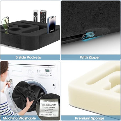 Couch Cup Holder Pillow, Sofa and Bed Caddy for iPad, Kindle, Switch, Game Controller, Remotes, Phones, Small-Sized Cup and Drink Holder for Couch, Bed, Desk, Car, Beach, Bathroom Cup Holder, Black