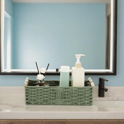 Toilet Paper Storage Basket，Decorative Small Wicker Baskets with Wooden Handles,Green Paper Rope Storage Basket for Bathroom Decor,Toilet Tank Shelf,Countertop Organizer