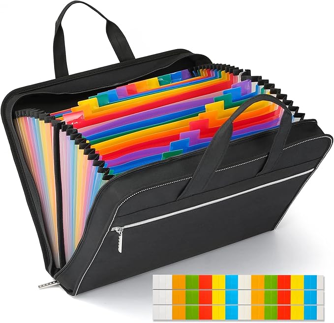 SEEKIND Heavy Duty Accordian File Organizer with Handle,26 Pockets Expanding File Folder, Portable Cloth Document Organizer Accordion File Keeper for Letter Size / A4 File, for Office, School-Black