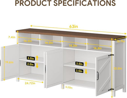 63'' Buffet Sideboard with Storage Farmhouse with 4 Doors, Large Kitchen Storage Cabinet Wood Coffee Bar Cabinet Buffet Table with Shelves for Kitchen, Dining Room, Entryway