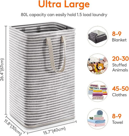 Lifewit 1 Pack Laundry Basket 80L Each, Collapsible Clothes Hamper with Reinforced Handles, Freestanding Waterproof Design for Bedroom and Laundry Room, Black 80L Total