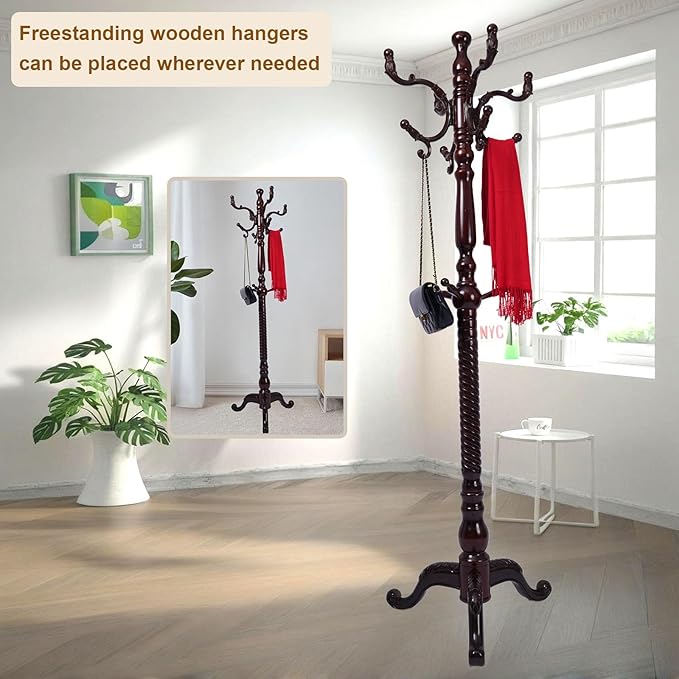 Coat Rack Freestanding with 18 Hooks, Wooden Standing Coat Racks for Entryway, Solid Wood Clothes Hanger Rack with Sturdy Round Base for Entryway, Hall, Bedroom, Office, Hallway (Triangular base)