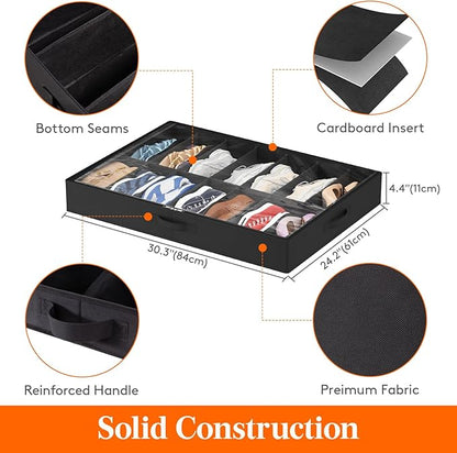 Lifewit Under Bed Shoe Storage Organizer 3 Pack(14 Shoes Cells), 4.3 Inches Profile Fabric Shoes Container Box with Clear Cover, Foldable Storage Bag with 2 Handles, Fits 21 to 42 Pairs
