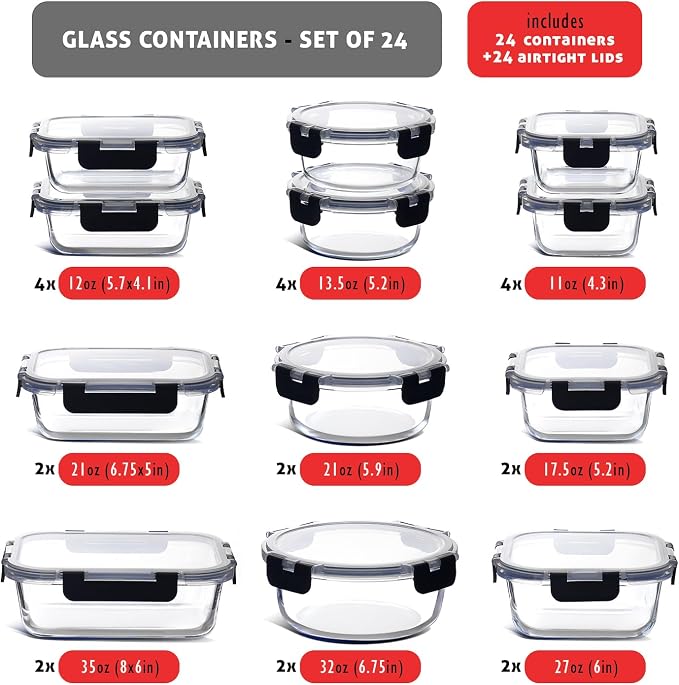 Nestl 48pc Glass Storage Containers with Lids, 24 Glass Food Storage Containers with 24 Airtight Lids for Pantry & Kitchen, Meal Prep Containers for Lunch, Oven Microwave & Dishwasher Safe, Black