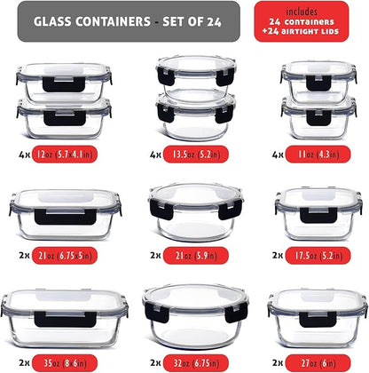 Nestl 48pc Glass Storage Containers with Lids, 24 Glass Food Storage Containers with 24 Airtight Lids for Pantry & Kitchen, Meal Prep Containers for Lunch, Oven Microwave & Dishwasher Safe, Black
