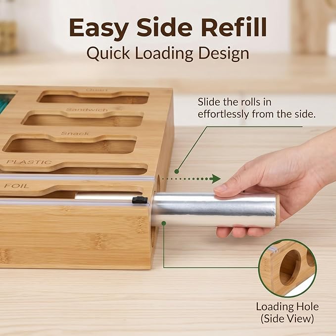 FUSHITON 6 in 1 Bamboo Food Storage Bag Organizer, Plastic Wrap Dispenser with Cutter, Foil Wax Paper Organizer for Kitchen Drawer, Wall Mount Countertop, Fits Gallon, Quart, Sandwich, Snack Bags