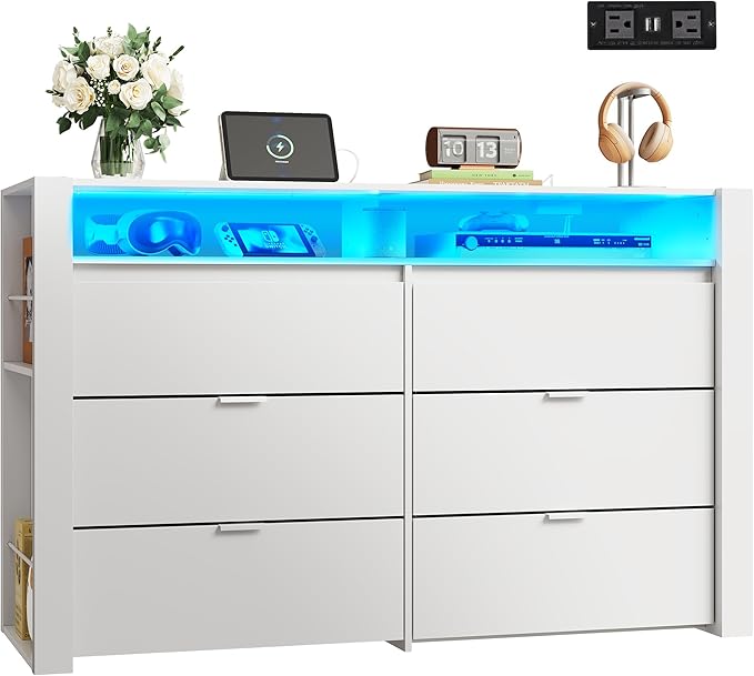 WLIVE 6 Drawer Led Dresser for Bedroom, 51" White Wood Dresser Storage Organizer with Charging Station for 55" TV, Dressers with Open Shelves, Hanging Rack, Chest of Drawers for Closet, Living Room