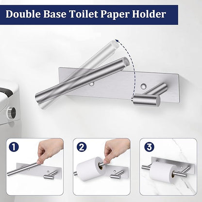 Brushed Nickel Toilet Paper Holder, Adhesive or Screw Toilet Roll Holder Wall Mount, SUS304 Stainless Steel Double Post Pivoting Toilet Roll Holder for Bathroom, Kitchen, Washroom
