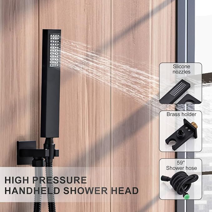 SaniteModar Black Shower Head System 8 Inch Square Rainfall Shower Head with Handheld Shower Vaval and Trim Kit Wall Mounted Shower Faucet Set, Matte Black Shower Head