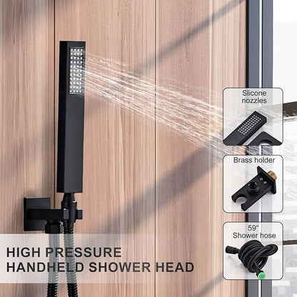 SaniteModar Black Shower Head System 8 Inch Square Rainfall Shower Head with Handheld Shower Vaval and Trim Kit Wall Mounted Shower Faucet Set, Matte Black Shower Head