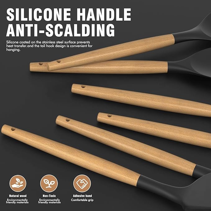 oannao Silicone Cooking Utensils Set Utensil Sets - 446°F Heat Resistant Silicone Kitchen Utensils Set Wooden Handles, Silicone Utensils for Cooking w Holder for Non-Stick Cookware BPA FREE (Black)
